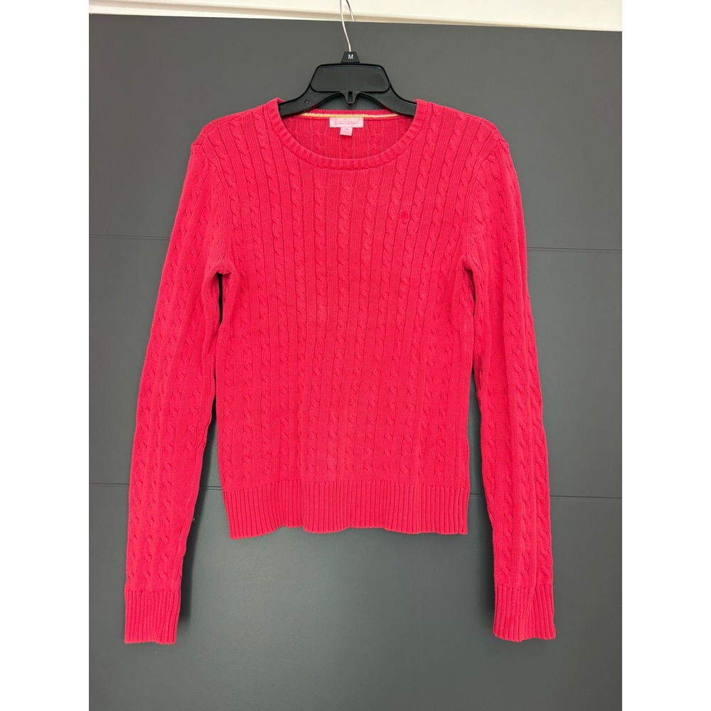 Lilly Pulitzer Pink Cable Knit Cotton Crewneck Sweater Embroidered Palm Tree M